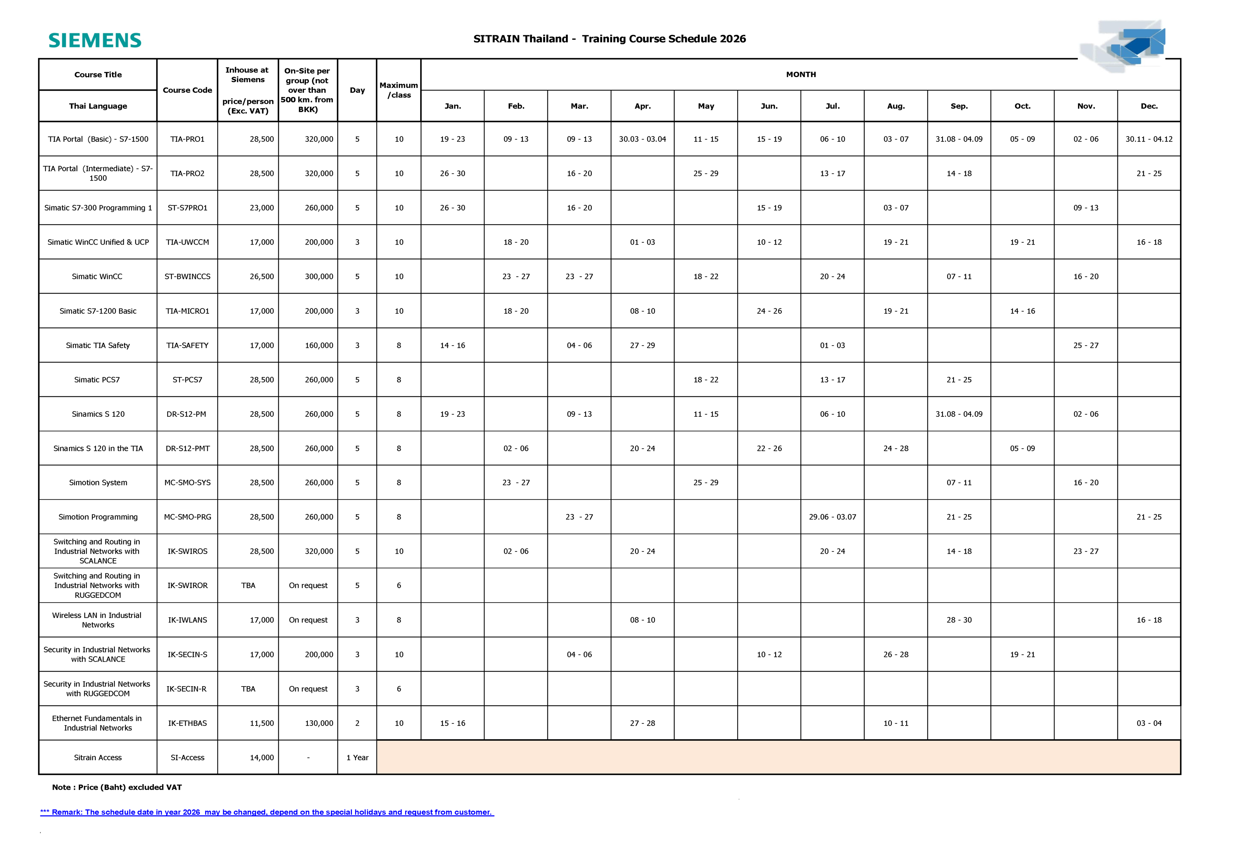 Training Course Schedule 2026